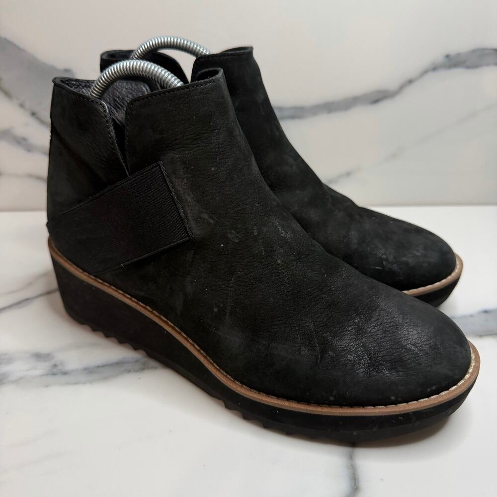 Eileen Fisher Wmns Black Nubuck Leather Lark Wedge Boots Sz 8.5 Classic Comfort